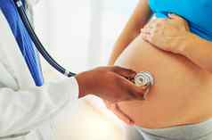 产前支持妈妈婴儿裁剪拍摄医生检查怀孕了女人听诊器
