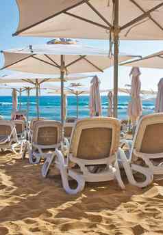 行塑料倾斜的椅子休息室躺椅日光浴浴床金桑迪海滩夏天阴影雨伞