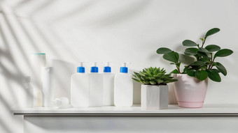 佩佩罗米亚木兰属能白色瓶蓝色的自动售货机洗发水护发素奶油液体肥皂站架子上浴室的地方文本