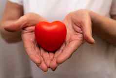 手持有红色的心医疗保健爱器官捐赠正念幸福家庭保险企业社会责任概念世界心一天世界健康一天国家器官捐赠一天
