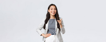 业务金融就业女企业家概念微笑成功的亚洲女商人给演讲会议<strong>赞</strong>美不错的的想法员工指出手指好<strong>点</strong>