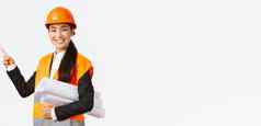 微笑专业亚洲女架构师工程师安全头盔介绍建设项目指出手左携带蓝图给演讲介绍图表计划建筑