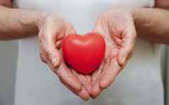 祖母女人手持有红色的心医疗保健爱器官捐赠正念幸福家庭保险企业社会责任概念世界心一天世界健康一天国家器官捐赠一天