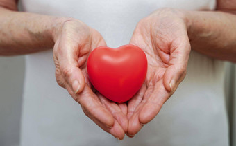 祖母女人手持有红色的心医疗保健爱器官捐赠正念幸福家庭保险<strong>企业社会责任</strong>概念世界心一天世界健康一天国家器官捐赠一天