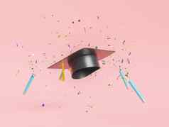 毕业帽色彩斑斓的飞行五彩纸屑粉红色的背景