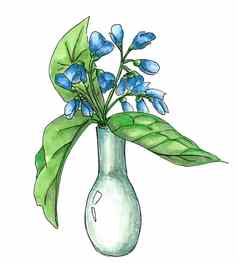 蓝色的花花瓶叶子手绘酒精标记小花束