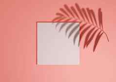 明亮的霓虹灯大马哈鱼粉红色的渲染最小的简单的前视图平躺产品显示背景讲台上站棕榈叶影子自然产品