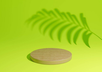 明亮的石灰霓虹灯绿色简单的渲染最小的自然产品显示作文木讲台上站棕榈叶影子背景