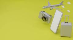 呈现旅行概念手提箱相机飞机智能手机黄色的背景