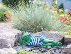 花园雕塑青蛙说谎地板上阅读书