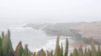 多雾的海景观波崩溃海洋海滩阴霾平静有雾的天气