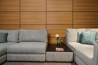 现代时尚的舒服的软软垫灰色的沙发绿色柔和的垫子杂志表格玫瑰花瓶展览大厅家具商店