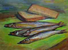 原始石油绘画生活绘画面包鱼