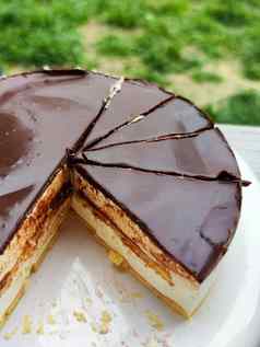 切片轮巧克力芝士蛋糕蓬松的奶油蛋糕特写镜头