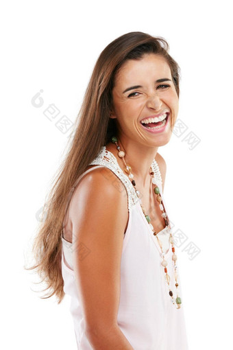 <strong>笑声</strong>美丽的事情工作室肖像快乐年轻的女人笑白色背景