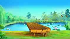 木桥池塘阳光明媚的一天