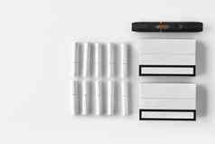 一代黑色的电子香烟包这加热棒孤立的白色广告区域加热烟草系统关闭
