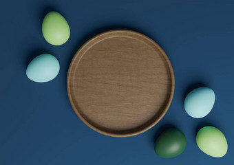 黑暗阿卡蓝色的呈现前视图平躺产品显示讲台上站色彩斑斓的<strong>复活节</strong>鸡蛋木菜最小的简单的