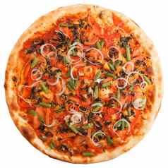 美味的意大利素食者披萨西红柿蘑菇辣椒洋葱黑色的橄榄