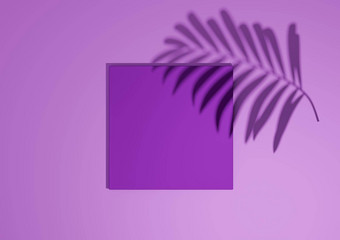 明亮的紫色的紫罗兰色的渲染最小的简单的前视图平躺产品显示背景讲台上站棕榈叶影子自然产品