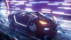 未来主义的体育车高速度开车霓虹灯背景