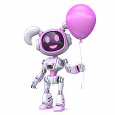 可爱的粉红色的女孩机器人持有粉红色的气球