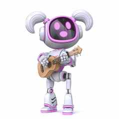 可爱的粉红色的女孩机器人玩尤克里里琴