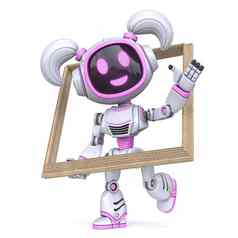 可爱的粉红色的女孩机器人持有木图片框架