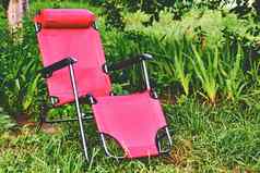 红色的一种轻马车休息室椅子夏天绿色草地