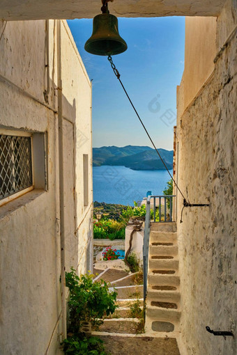 希腊村典型的视图白色房子楼梯Plaka小镇<strong>米洛斯岛</strong>岛希腊