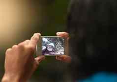技术满足自然后视镜拍摄无法辨认的人采取图片手机探索森林