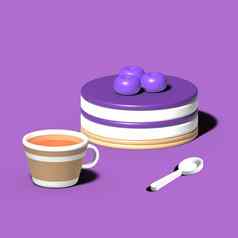 水果蛋糕现实的蛋糕蓝莓烤甜点甜蜜的糕点首页安慰杯茶勺子对象紫色的背景