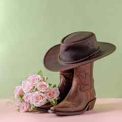 牛仔靴子鞋子他花束玫瑰花绿色背景