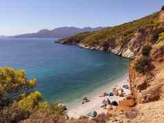 夏天旅行假期视图美丽的海滩希腊海岸