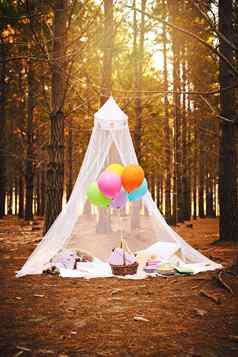 仙女城堡森林拍摄帐篷使儿童生日聚会，派对填满气球礼物森林
