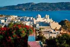 风景如画的风景优美的视图希腊小镇Plaka米洛斯岛岛红色的天竺葵花