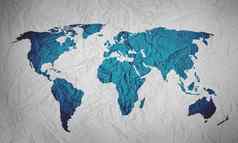 皱巴巴的纸形状地图世界孤立的白色背景