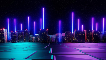渲染霓虹灯光发光的黑暗场景网络朋克晚上城市概念晚上生活技术网络一代未来主义的场景sci模式主题图片