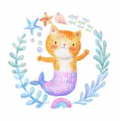 可爱的水彩meow-maidpurr-maid猫美人鱼基蒂美人鱼kiddish风格