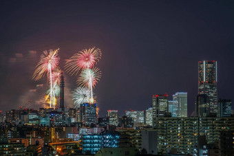 横滨城市景观烟花minato,聪明的节日