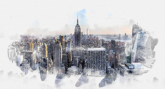 纽约城市曼哈顿中城空中全景视图摩天大楼蓝色的天空一天数字水彩绘画