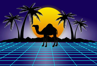 风格科幻蓝色的背景黄色的日落黑色的山手掌骆驼未来主义的插图海报模板