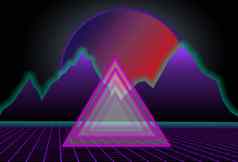 风格科幻黑色的背景红色的日落紫色的山三角形中间插图未来主义的海报模板
