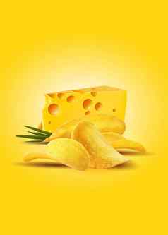 一块美味的新鲜的奶酪芯片薯片绿色洋葱黄色的背景复制空间广告概念特写镜头拍摄