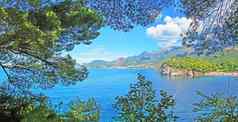 惊人的景观视图蓝色的adtiatic海山框架松树斯韦蒂斯特凡黑山共和国