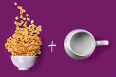 碗玉米片壶牛奶紫色的背景oncept健康的早餐