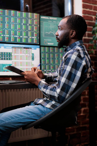真正的时间金融数据分析师坐着多监控工作站预测市场趋势