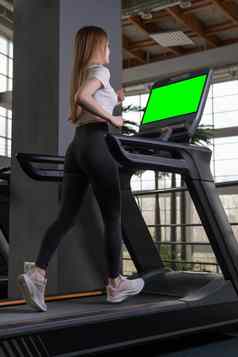 长度年轻的女人在室内跑步机配置文件完整的锻炼人健身健康的运动员机健身房女运动员运动慢跑腿苗条的
