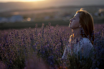 中年女人坐在<strong>薰衣草</strong>场享受芳香疗法芳香疗法概念<strong>薰衣草</strong>石油照片会话<strong>薰衣草</strong>