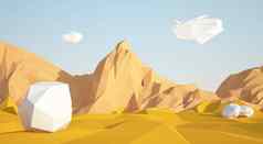 摘要低聚背景沙子沙漠白色石头飞行空气早期早....阳光明媚的插图蓝色的天空